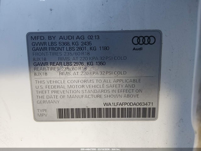 Aukcja sprzedaży 2013 Audi Q5 2.0t Premium, vin: WA1LFAFP0DA063471, numer aukcji: 44647899