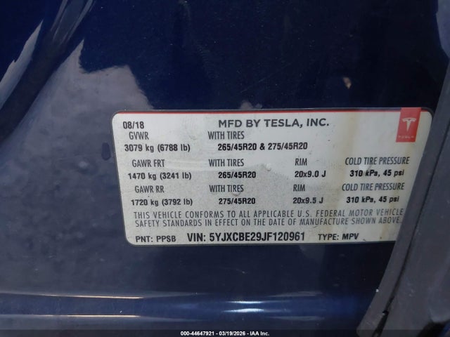 Продажа на аукционе авто 2018 Tesla Model X 100d/75d/p100d, vin: 5YJXCBE29JF120961, номер лота: 44647921