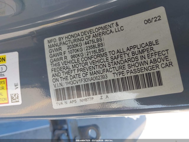 1HGCV1F30NA062393 Honda Accord Sport