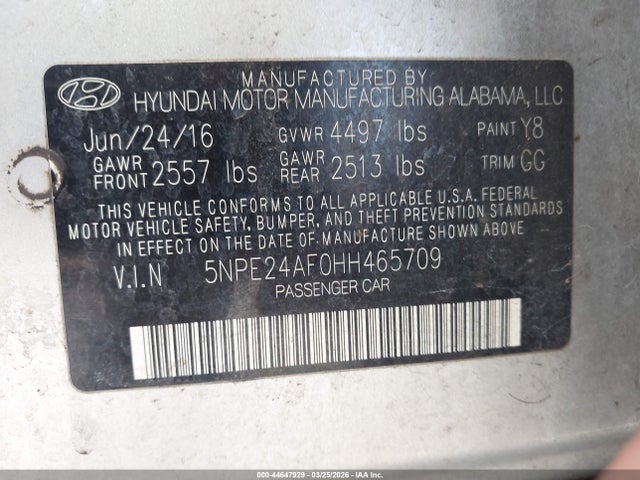 Продажа на аукционе авто 2017 Hyundai Sonata, vin: 5NPE24AF0HH465709, номер лота: 44647929