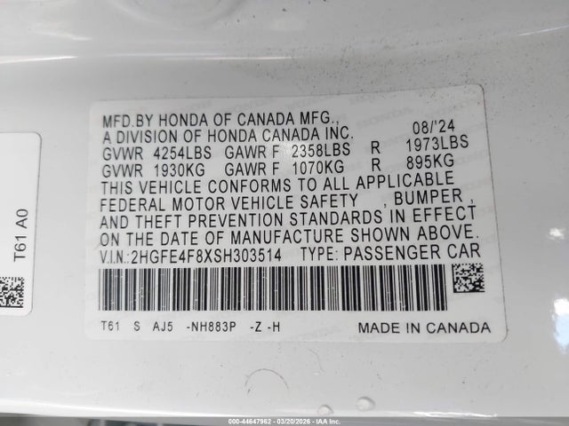 2HGFE4F8XSH303514 Honda Civic Hybrid Sport/sport Touring