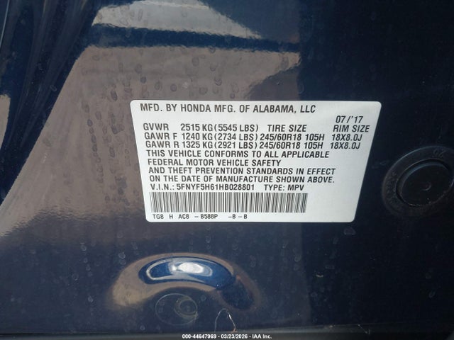 Honda Pilot Ex-l 2017 5FNYF5H61HB028801 Image 9