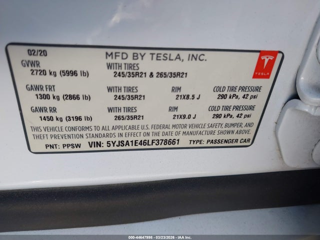 2020 TESLA MODEL S 5YJSA1E46LF378661 Photo 8