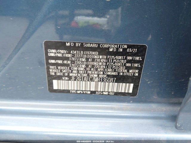 Aukcja sprzedaży 2021 Subaru Crosstrek Premium, vin: JF2GTAEC7MH336087, numer aukcji: 44648005