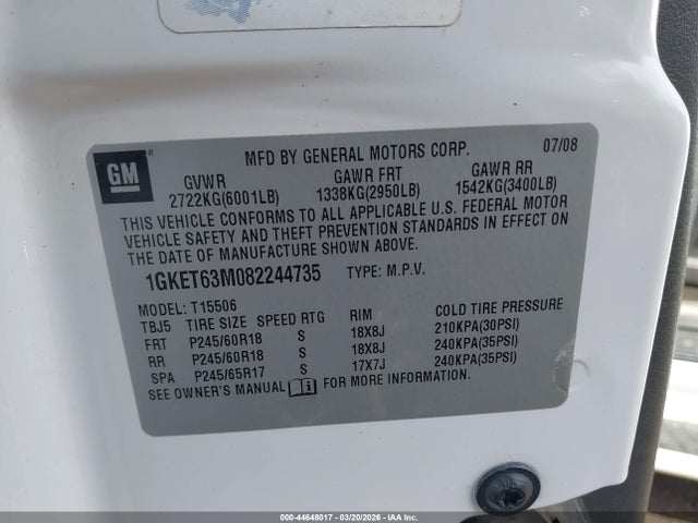 2008 Gmc Envoy Denali მანქანა იყიდება აუქციონზე, vin: 1GKET63M082244735, აუქციონის ნომერი: 44648017