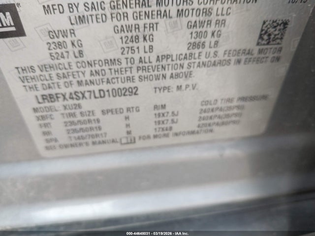44648031 :رقم المزاد ، LRBFX4SX7LD100292 vin ، 2020 Buick Envision Awd Premium Ii مزاد بيع