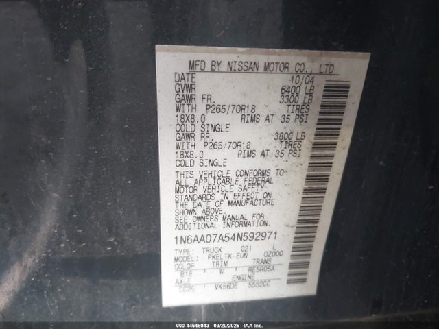 Продажа на аукционе авто 2004 Nissan Titan Se, vin: 1N6AA07A54N592971, номер лота: 44648043