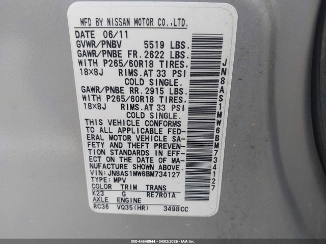 2011 Infiniti Fx35 მანქანა იყიდება აუქციონზე, vin: JN8AS1MW6BM734127, აუქციონის ნომერი: 44648044