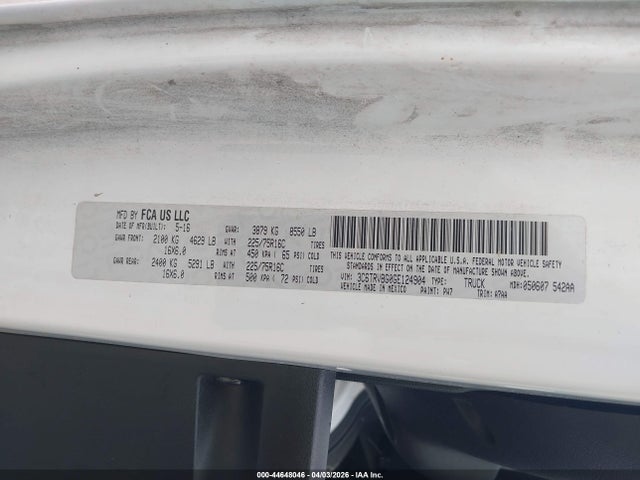 44648046 :رقم المزاد ، 3C6TRVBG0GE124904 vin ، 2016 Ram Promaster 1500 مزاد بيع
