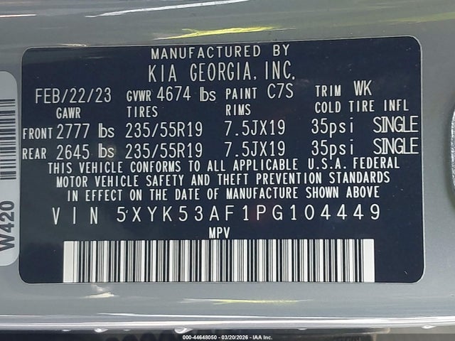 2023 Kia Sportage Sx-prestige მანქანა იყიდება აუქციონზე, vin: 5XYK53AF1PG104449, აუქციონის ნომერი: 44648050