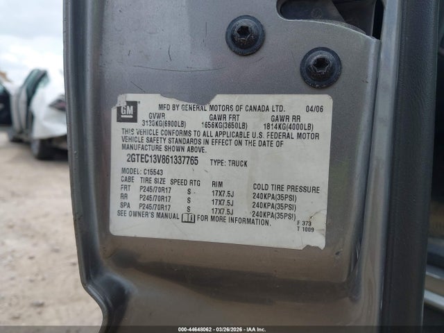 Aukcja sprzedaży 2006 Gmc Sierra 1500 Sl, vin: 2GTEC13V861337765, numer aukcji: 44648062
