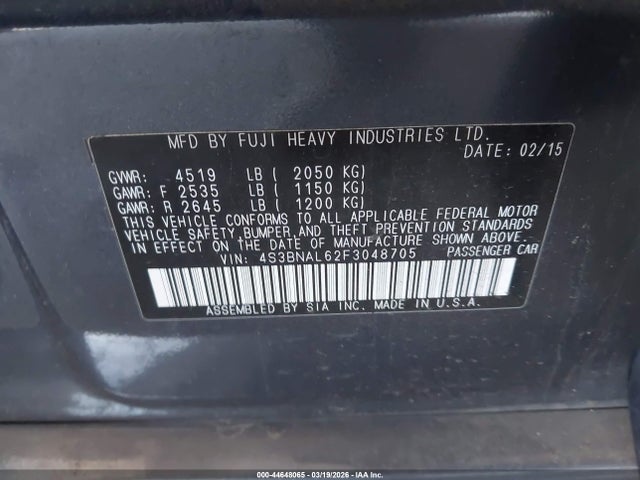Продажа на аукционе авто 2015 Subaru Legacy 2.5i Limited, vin: 4S3BNAL62F3048705, номер лота: 44648065