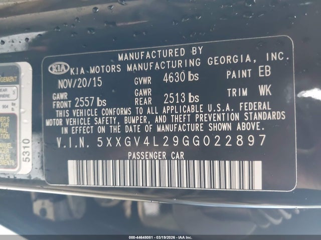 5XXGV4L29GG022897 KIA Optima Sxl Turbo