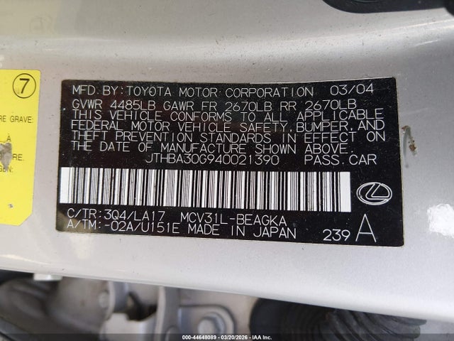 2004 Lexus Es 330 მანქანა იყიდება აუქციონზე, vin: JTHBA30G940021390, აუქციონის ნომერი: 44648089