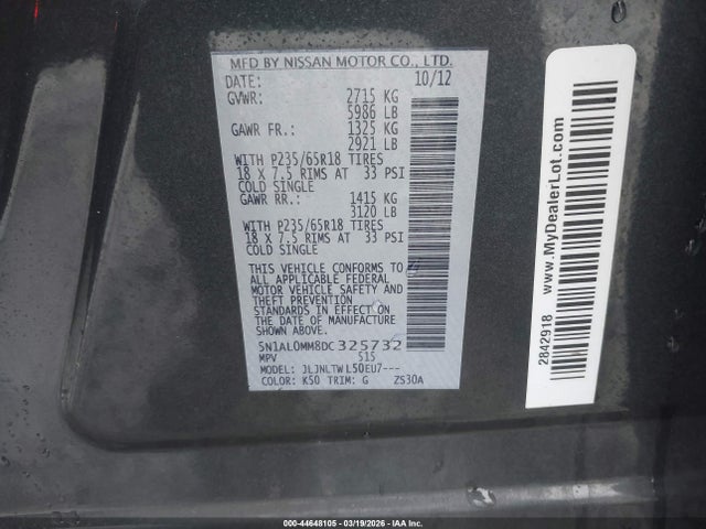 Aukcja sprzedaży 2013 Infiniti Jx35, vin: 5N1AL0MM8DC325732, numer aukcji: 44648105