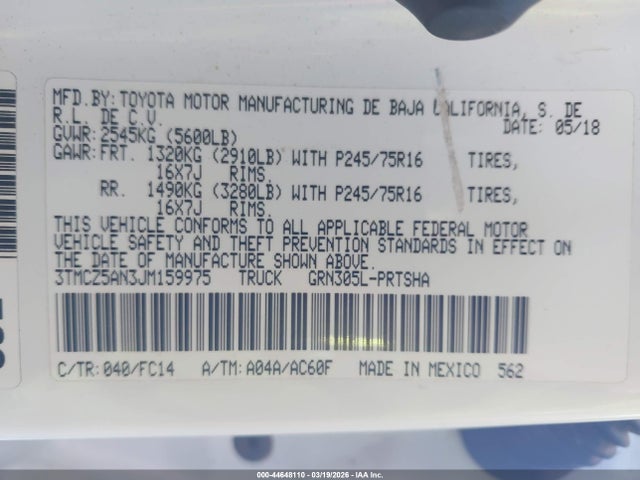 3TMCZ5AN3JM159975 Toyota Tacoma Sr5 V6