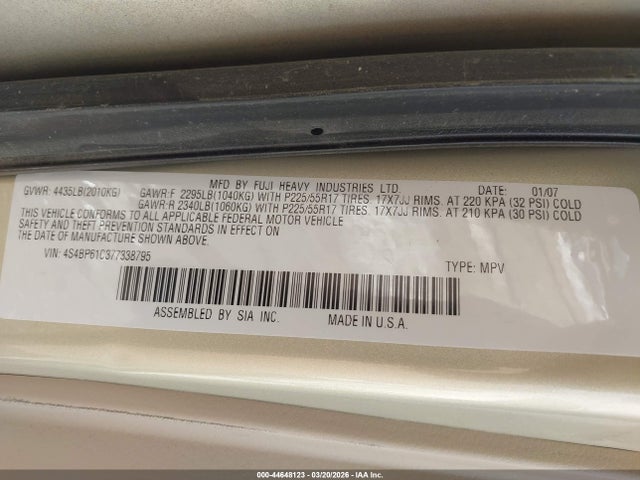 Продаж на аукціоні авто 2007 Subaru Outback 2.5i, vin: 4S4BP61C377338795, номер лоту: 44648123
