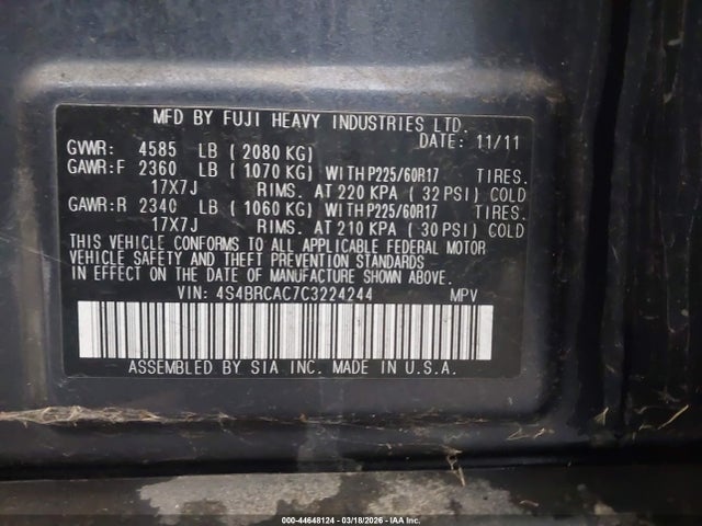 44648124 :رقم المزاد ، 4S4BRCAC7C3224244 vin ، 2012 Subaru Outback 2.5i مزاد بيع