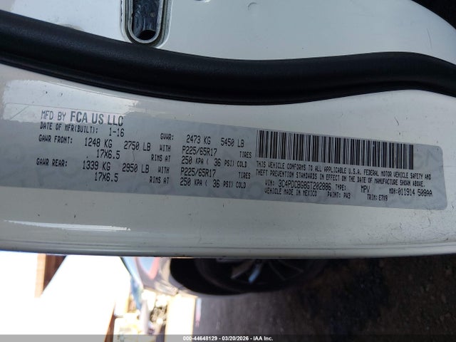 2016 Dodge Journey Sxt მანქანა იყიდება აუქციონზე, vin: 3C4PDCBG8GT202886, აუქციონის ნომერი: 44648129