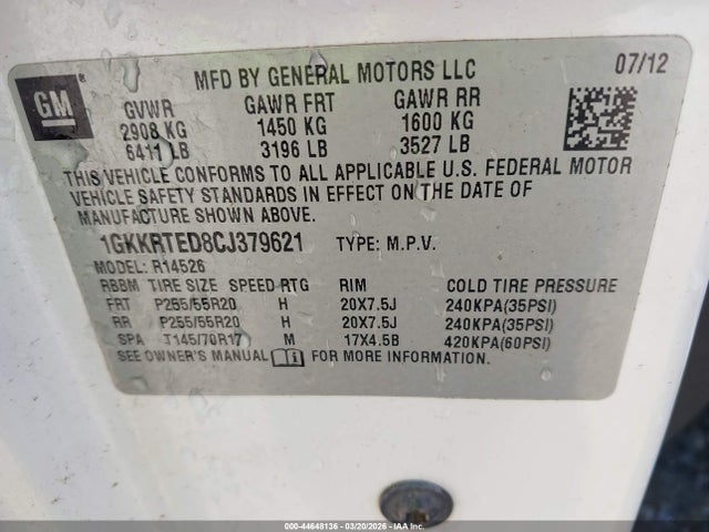 Aukcja sprzedaży 2012 Gmc Acadia Denali, vin: 1GKKRTED8CJ379621, numer aukcji: 44648136