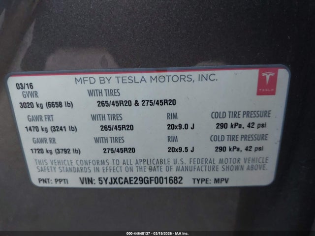 Aukcja sprzedaży 2016 Tesla Model X, vin: 5YJXCAE29GF001682, numer aukcji: 44648137