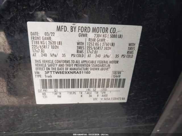 Aukcja sprzedaży 2022 Ford Maverick Xl, vin: 3FTTW8E9XNRA51160, numer aukcji: 44648144