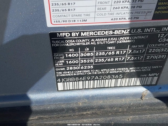 44648159 :رقم المزاد ، 4JGBB86E97A208365 vin ، 2007 Mercedes-benz Ml 350 4matic مزاد بيع