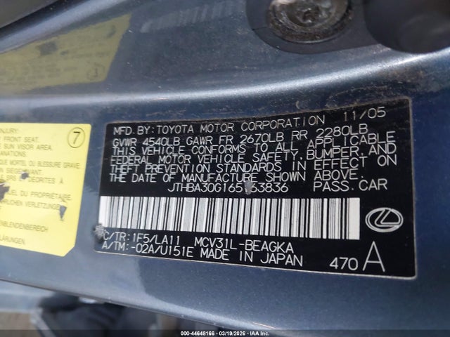 Aukcja sprzedaży 2006 Lexus Es 330, vin: JTHBA30G165163836, numer aukcji: 44648166