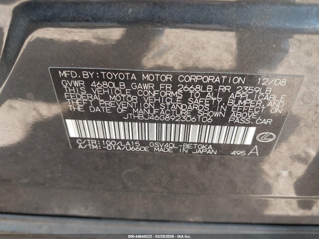 Продаж на аукціоні авто 2009 Lexus Es 350, vin: JTHBJ46G892306106, номер лоту: 44648222