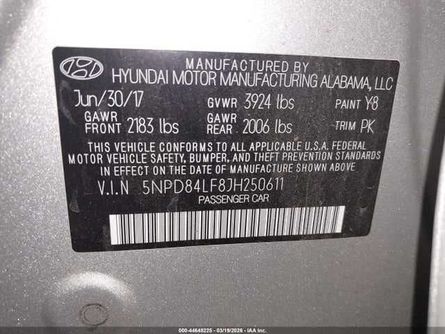 Aukcja sprzedaży 2018 Hyundai Elantra Value Edition, vin: 5NPD84LF8JH250611, numer aukcji: 44648225