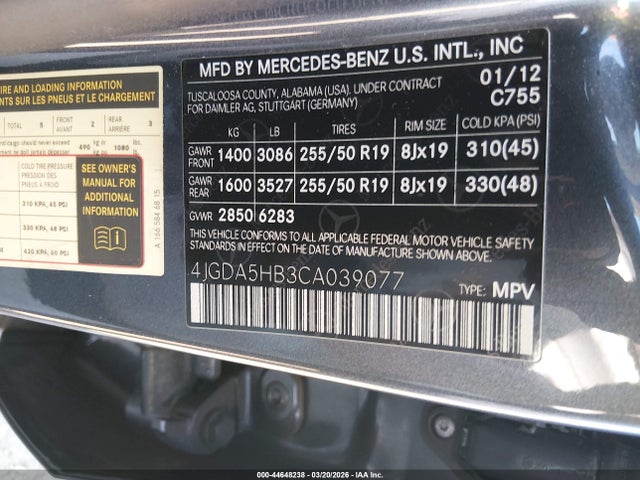 44648238 :رقم المزاد ، 4JGDA5HB3CA039077 vin ، 2012 Mercedes-benz Ml 350 4matic مزاد بيع