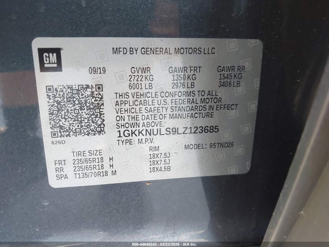 44648243 :رقم المزاد ، 1GKKNULS9LZ123685 vin ، 2020 Gmc Acadia Awd Slt مزاد بيع