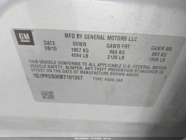 Продажа на аукционе авто 2011 Chevrolet Cruze 1lt, vin: 1G1PF5S96B7101357, номер лота: 44648244