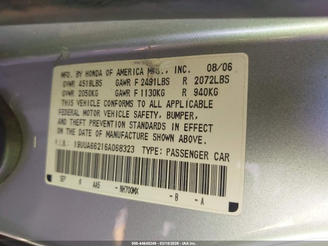 Продаж на аукціоні авто 2006 Acura Tl, vin: 19UUA66216A068323, номер лоту: 44648249