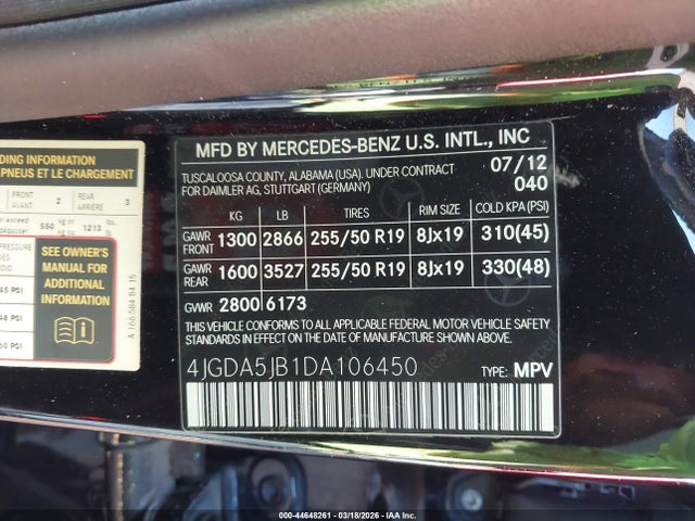 44648261 :رقم المزاد ، 4JGDA5JB1DA106450 vin ، 2013 Mercedes-benz Ml 350 مزاد بيع