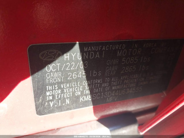 2004 HYUNDAI SANTA FE KM8SC13D44U634555 Photo 8