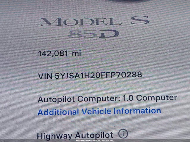 Продажа на аукционе авто 2015 Tesla Model S 70d/85d/p85d, vin: 5YJSA1H20FFP70288, номер лота: 44648290