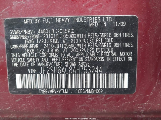 44648296 :رقم المزاد ، JF2SH6AC8AH753244 vin ، 2010 Subaru Forester 2.5x مزاد بيع