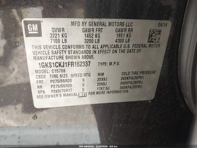 Продажа на аукционе авто 2015 Gmc Yukon Denali, vin: 1GKS1CKJ1FR162337, номер лота: 44648305