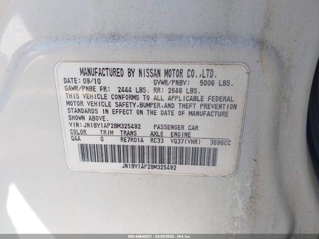 44648321 :رقم المزاد ، JN1BY1AP2BM325492 vin ، 2011 Infiniti M37 مزاد بيع