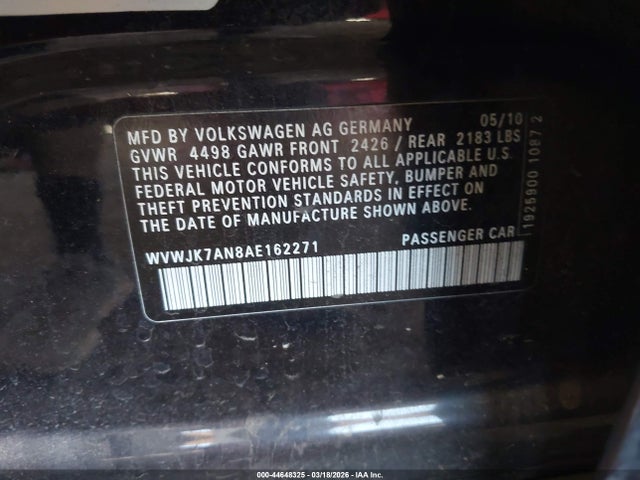44648325 :رقم المزاد ، WVWJK7AN8AE162271 vin ، 2010 Volkswagen Passat Komfort مزاد بيع