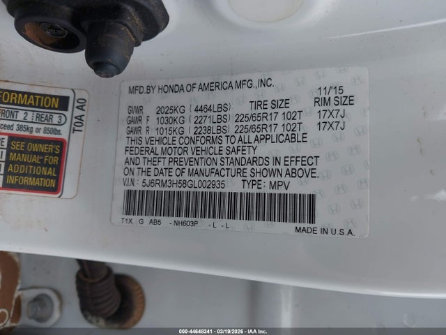 Honda CR-V EX 2016 5J6RM3H58GL002935 Image 9