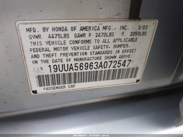 44648357 :رقم المزاد ، 19UUA56963A072547 vin ، 2003 Acura Tl 3.2 Type S مزاد بيع