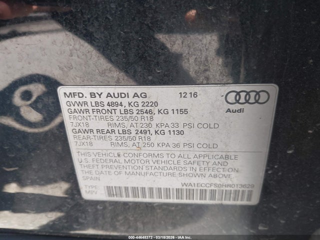 Auction sale of the 2017 Audi Q3 2.0t Premium, vin: WA1ECCFS0HR013629, lot number: 44648372