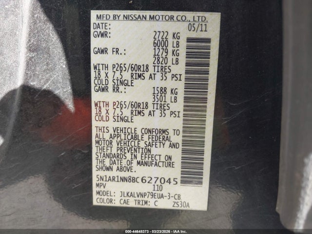 Aukcja sprzedaży 2011 Nissan Pathfinder Le, vin: 5N1AR1NN8BC627045, numer aukcji: 44648373