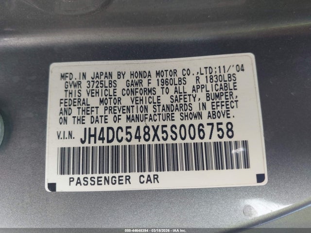 2005 Acura Rsx მანქანა იყიდება აუქციონზე, vin: JH4DC548X5S006758, აუქციონის ნომერი: 44648394