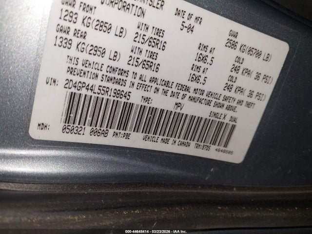 Aukcja sprzedaży 2005 Dodge Grand Caravan Sxt, vin: 2D4GP44L55R198645, numer aukcji: 44648414