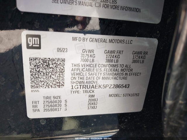 Aukcja sprzedaży 2023 Gmc Sierra 1500 4wd  Standard Box Pro, vin: 1GTRUAEK5PZ286543, numer aukcji: 44648418
