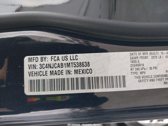 Aukcja sprzedaży 2021 Jeep Compass Sport Fwd, vin: 3C4NJCAB1MT538638, numer aukcji: 44648426