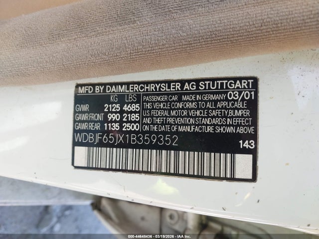 44648436 :رقم المزاد ، WDBJF65JX1B359352 vin ، 2001 Mercedes-benz E 320 مزاد بيع